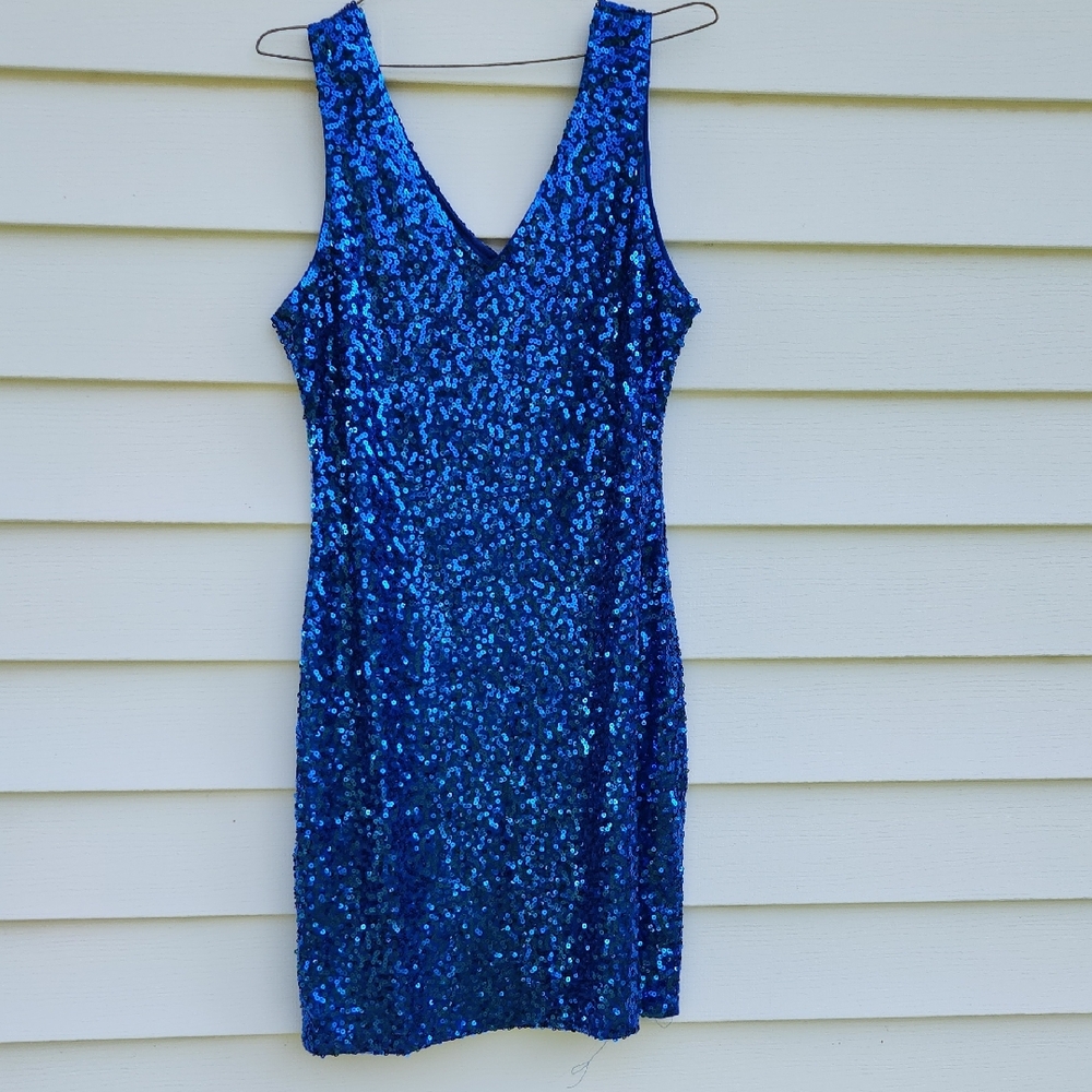 Sequin Blue V-Neck Sleeveless Mini Dress